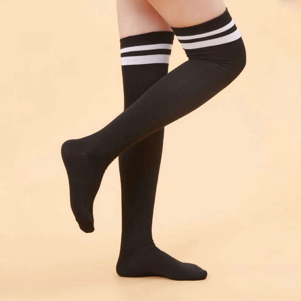 New Black & White Striped Over the Knee High Socks